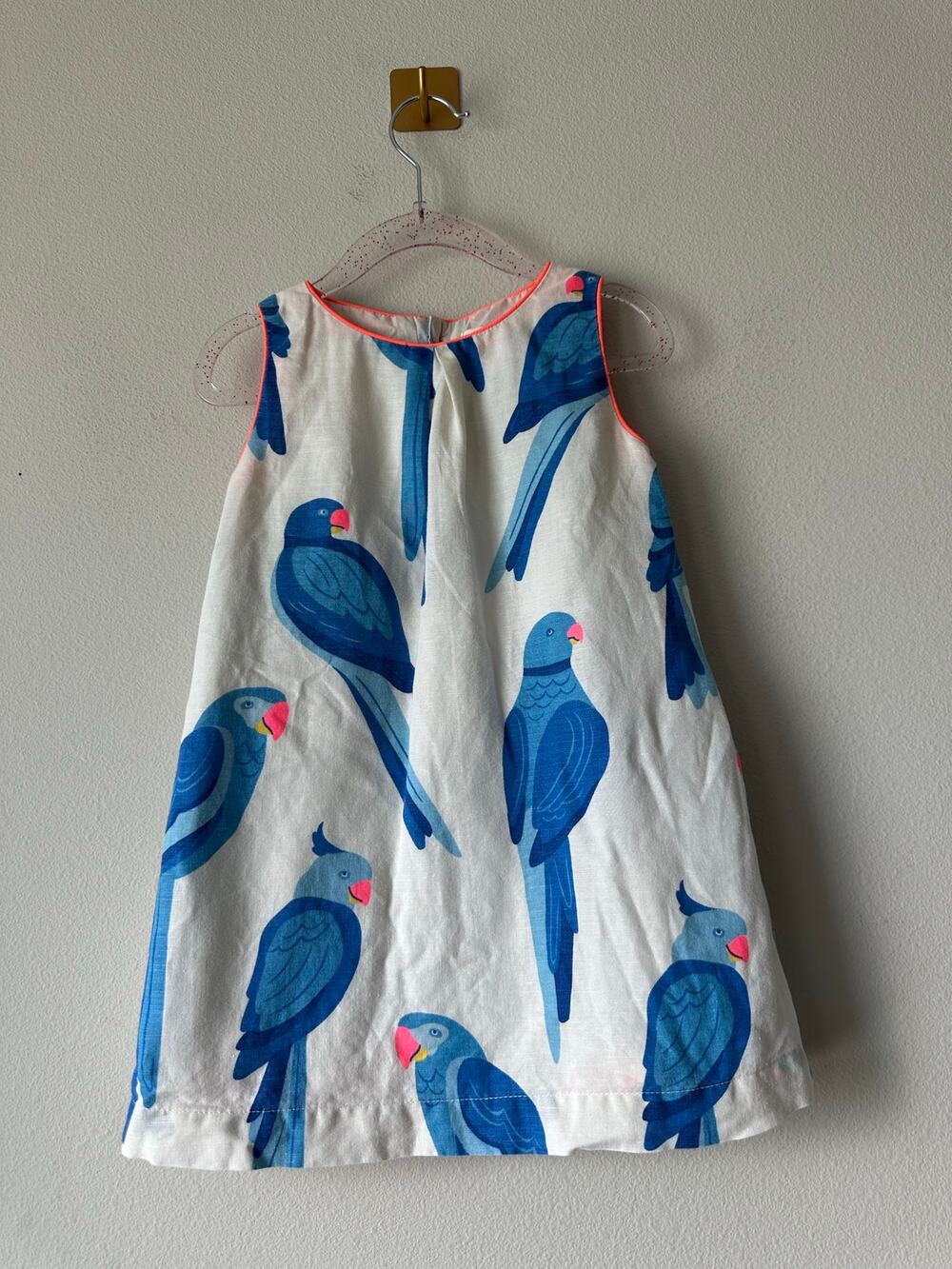 Mini Boden Parrot Print Linen Blend Shift Dress 2-3Y 98cm